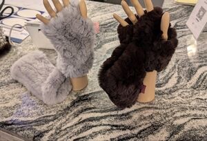 Cozy Fingerless Real '  Fur Mittens - Gray and Brown